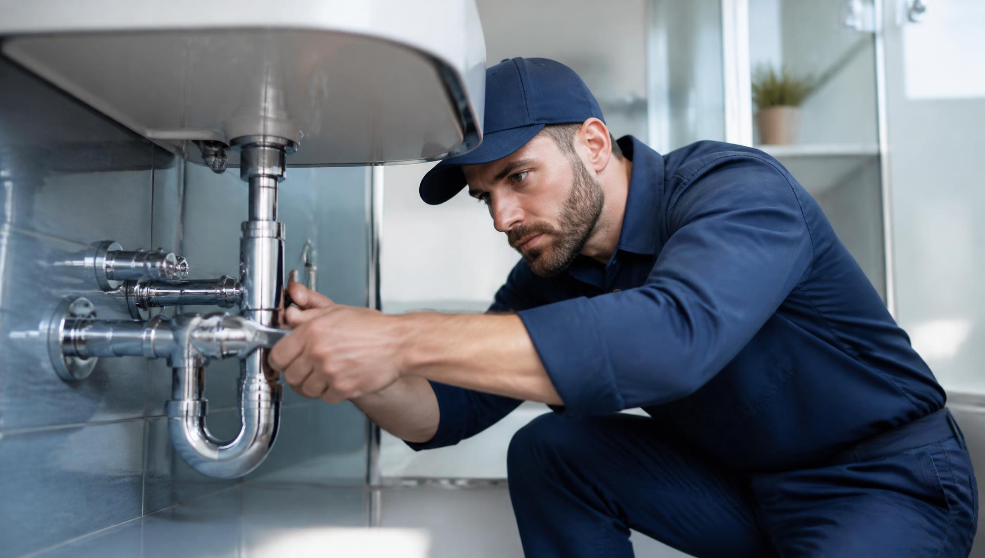 Fontanero ajustando el sifón de un lavabo en Marbella
